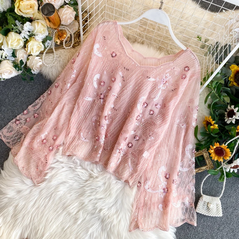 Neploe, Осенний короткий сетчатый топ, Blusas, женская блуза с вышивкой бисером, блуза с блестками, расклешенная, длинный рукав, Круглый ворот, Корейская короткая рубашка 56610