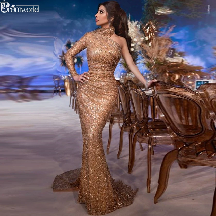 

Gorgeous High Neck One Shoulder Gold Evening Gown 2019 Elegant Dubai Formal Dress Long Sleeves Sequins Mermaid Prom Dresses