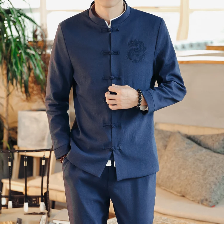 Осенняя новая куртка в китайском стиле Hanfu мужская Тонкая куртка воротник длинная туника костюм спортивный костюм из двух предметов черный