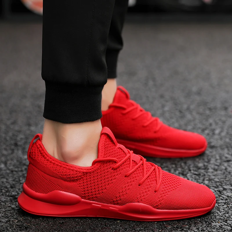 Красный Men Sneakers Casual Summer Breathable Shoes Men Black White Red Light Comfortable Lace-Up Spring Autumn Male Footwear Trainers - Цвет: Красный