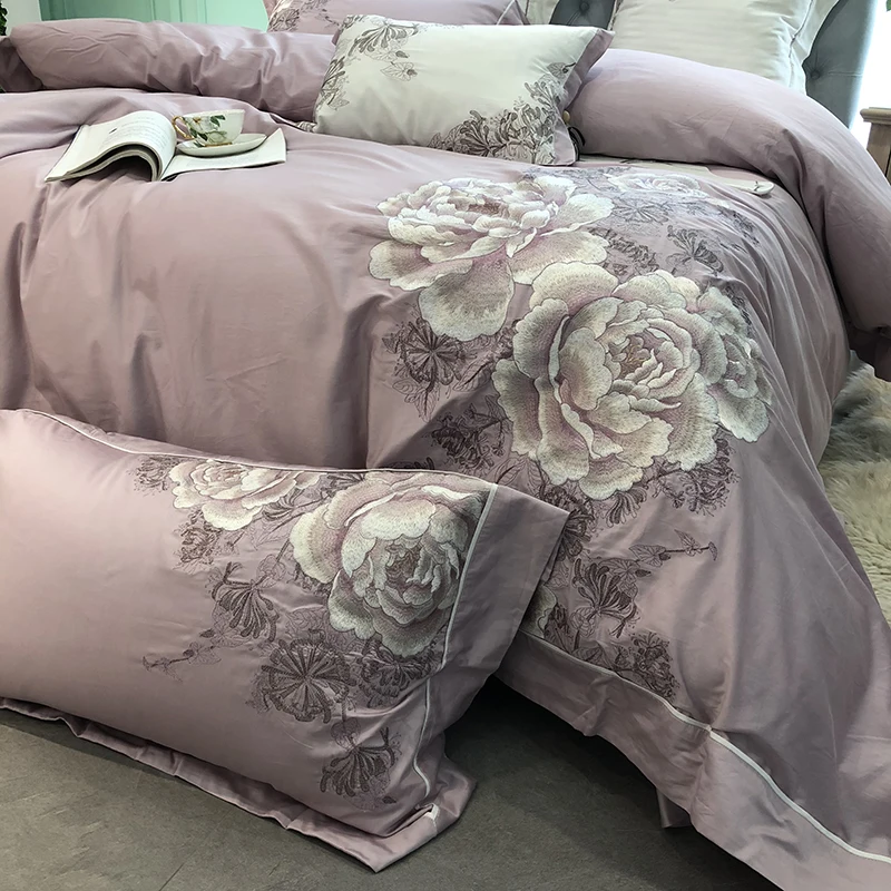 Потертый цветочной вышивкой Бледно-розовый комплект постельных принадлежностей из египетского хлопка queen King size 4/7 шт.: пододеяльник, простынь, наволочка