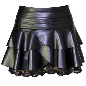 

women lace patchwork PU leather mini skirts Pleated high waist skirt black