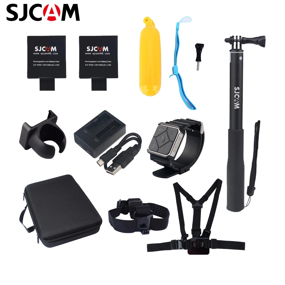 Аксессуары для камеры SJCAM SJ7 дополнительные 2 батареи+ двойное зарядное устройство+ монопод+ дистанционные часы+ держатель+ ремень на голову+ нагрудный ремень+ плавучий Поплавок+ сумка