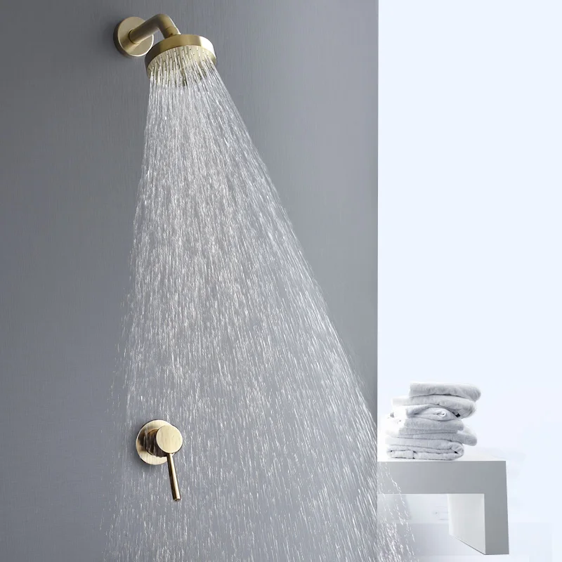 Modern Wall Mounted Brass Rainfall Shower Head System Round Fixed Shower  Head Home Bathroom Luxury Rain Mixer Shower Set with High Pressure, Gold