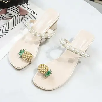 

Female Shoes Ladies' Slippers Luxury Slides Square heel Med String Bead 2020 Designer Block Summer Hoof Heels PU Rubber Shoes