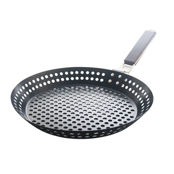 

Non-stick Metal Grilling Skillet with Folding Wooden Handle Grill Skillet Pan with Holes Removable Grill Topper Barbecue Pan