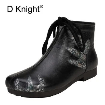 

Genuine Leather Boots Women Flats Boots Side Zipper Shoes For Women Retro Handmade Print Autumn Ladies Ankle Western Boots Shoes
