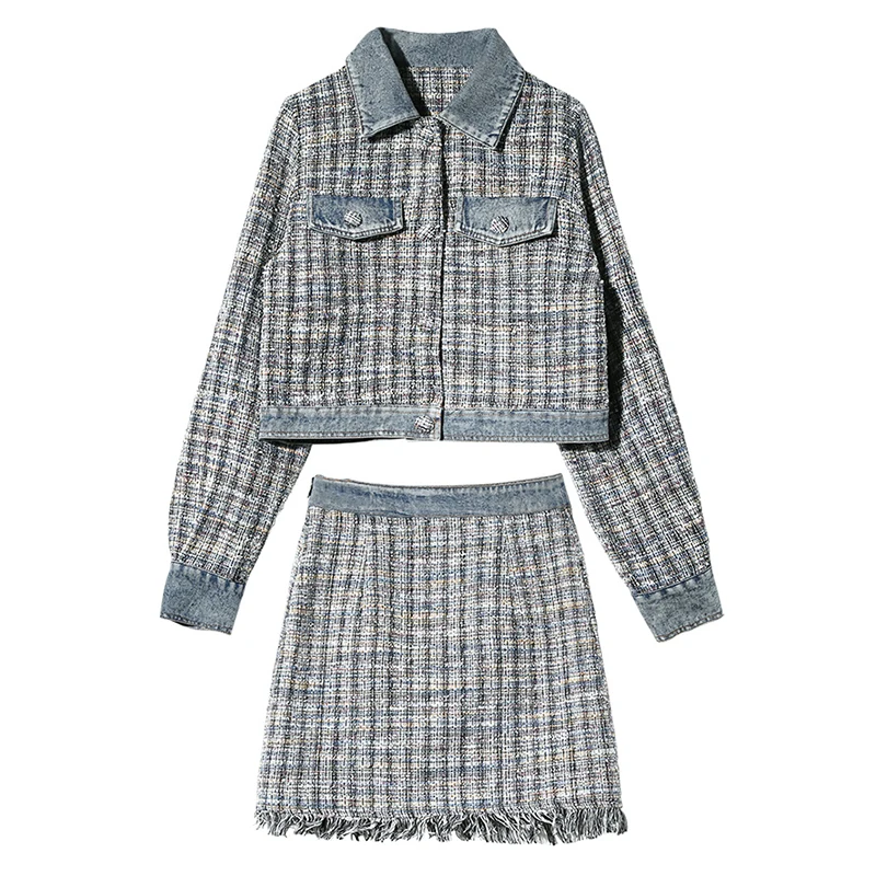 

PERHAPS U Light Blue Plaid Tweed Pocket Turn Down Collar Button Coat Empire Tassel Mini Skirt Elegant Two Pieces Set T0221