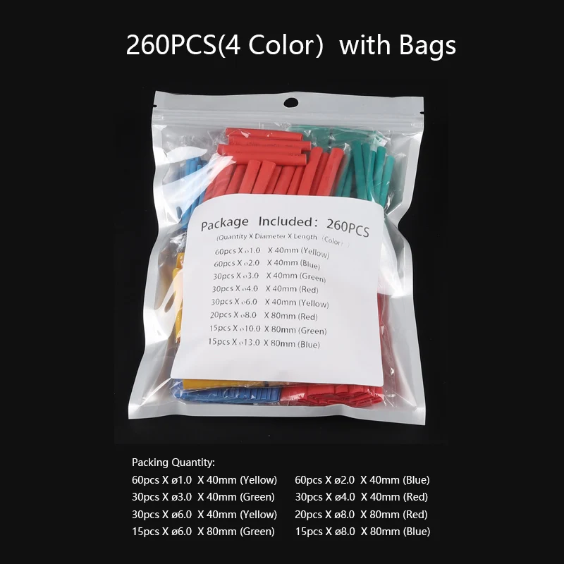 260PCS(4Color) Смешанный красочный набор полиолефина сокращения Ассорти термоусадочная трубка Обёрточная бумага провод кабель с изоляцией трубки комплект трубок соединения - Цвет: 260PCS(4Color)