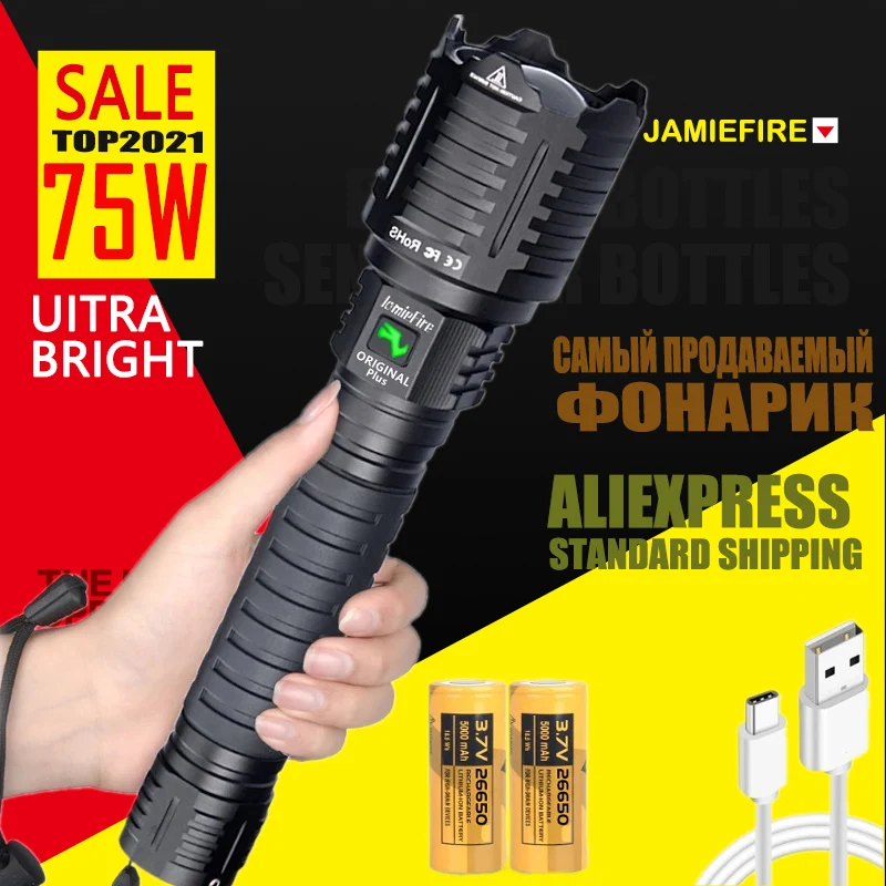 Photo Product [ JamieFire LED]Flashlight Powerful Flash Light Brightest Lantern Zoomable 26650 Camping USB Rechargeable Tactical Hunting Torch