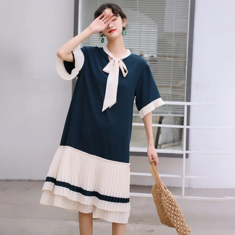 

[EWQ] 2019 spring new Preppy Style Patchwork Patchwork Ruffles short sleeve Bow loose trend women summer Pleated dress QG60306S