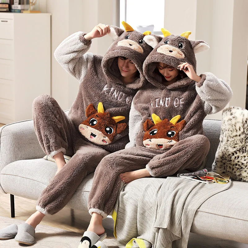 Koala Pattern Unisex Flannel Thicken Warm Pajamas Set For Couple Winter Animal Ears Hoodie Women Kawaii Two-piece Suit Homewear mens pjs set Pajama Sets