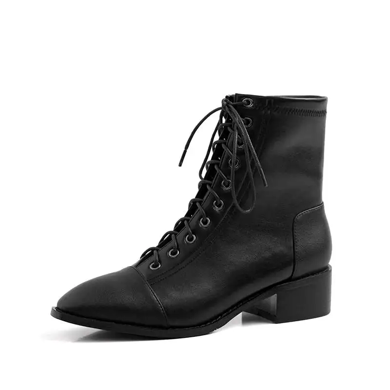 black1 leather Lenkisen/Лидер продаж; элегантные зимние однотонные ботинки в британском стиле на шнуровке с круглым носком на среднем каблуке; модные теплые женские ботильоны из флока; L78 - Цвет: black1 leather