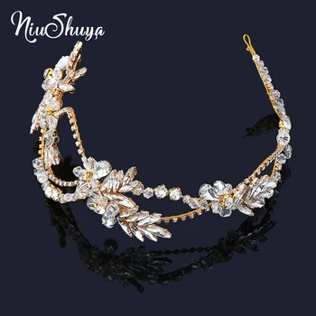 

NiuShuya Luxury European Headband Flower Clear Rhinestones Gold Leaf Wedding Hair Vine Headband Bridal Headpiece