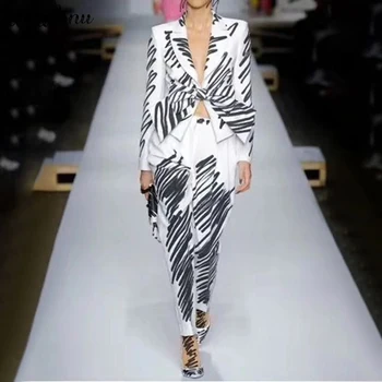 

2019 Autumn New Women'S Sexy Striped Bow Lapel Suit Collar Long Sleeve 2 Piece Suit Jacket High Waist Pants Women Set