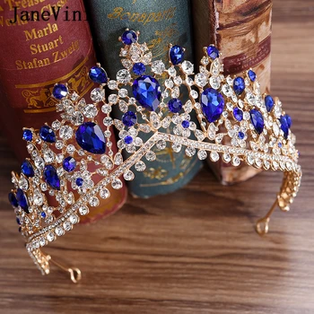 

JaneVini Luxury Royal Blue Bridal Tiaras Crowns Rhinestone Crystal Princess Pageant Prom Crown Wedding Jewelry Hair Accessories
