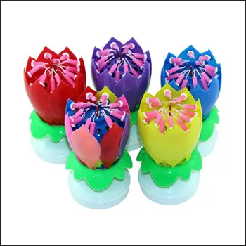 

RCtown Double Layers Lotus Musical Happy Birthday Candles Romantic Flower Light Cake Kids Party Gifts