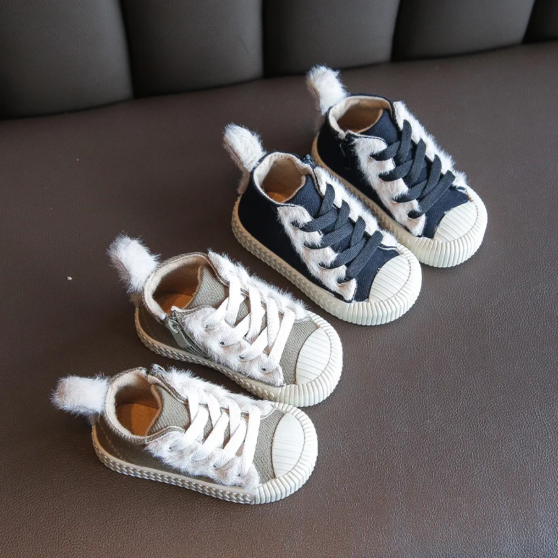 

BOY'S Cotton-padded Shoes Hight-top Cloth Shoes Shoes Children plus Velvet Sail Biscuit Foot Covering Children round-Toe Fluffy