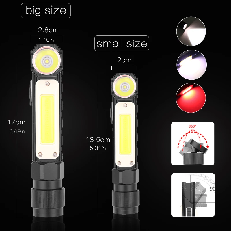 8000LM Led Flashlight Handfree Dual Fuel 90 Degree Twist Rotary Clip Waterproof Magnet Mini Lighting LED Torch Outdoor