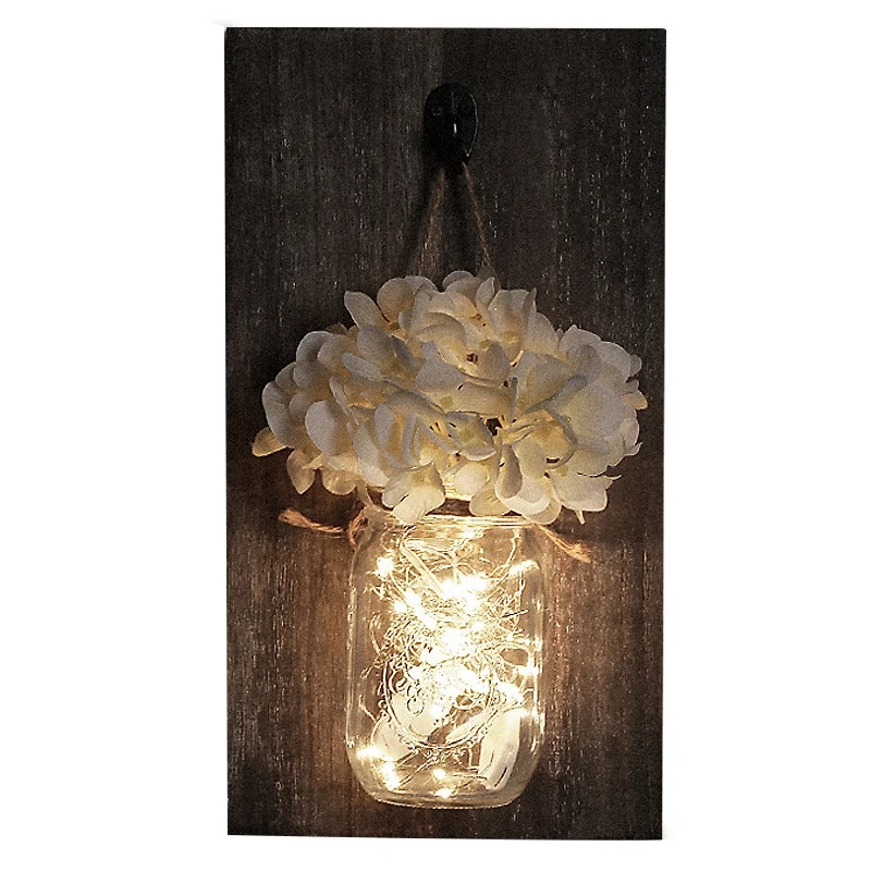 

Ins Rustic Mason Jar Wall Sconces With Led Fairy Lights Flowers For Country Home Wedding Cafe Bar Wall Bedroom Decoration Wooden