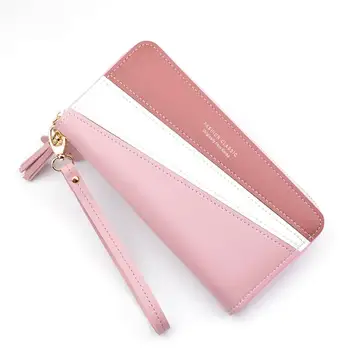

Free Shipping Fashion Long Zipper Cellphone Bags Tassel Large-capacity Patchwork PU Wallets Solid Day Clutches For Women