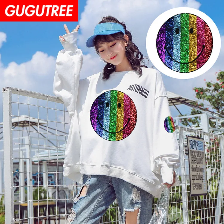 GUGUTREE вышивка блёстки большая улыбка нашивки с радугой значки аппликации патчи