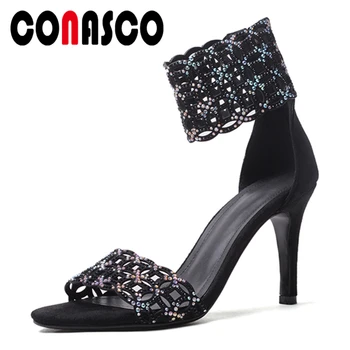

CONASCO Summer Fashion Sexy Cow Suede Women Sandals Pumps High Heels Rhinestone Party Night Club Casual Back Zipper Shoes Woman