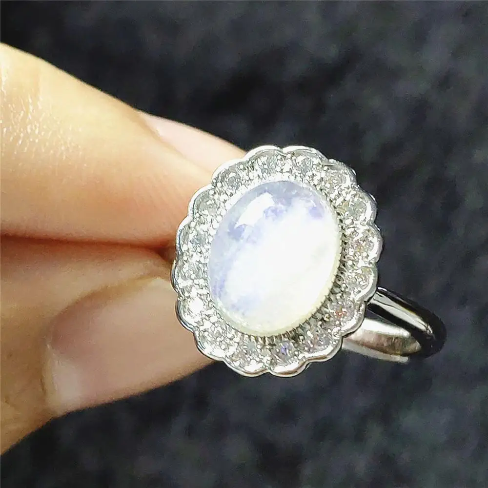Natural Blue Light Moonstone Crystal Adjustable Ring All Size Women Men 9x7mm 925 Silver Love Gift Fashion Ring AAAAA