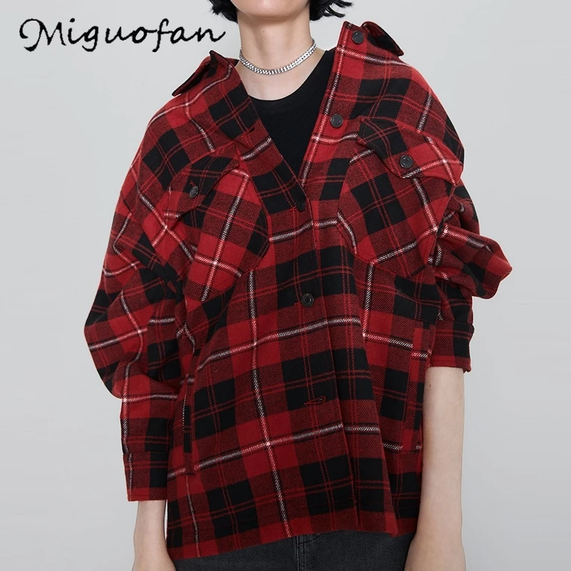 Miguofan, красные клетчатые повседневные рубашки, женские рубашки, большие размеры, на пуговицах, Осень-зима, блузки, рубашки с карманами, свободные рубашки с длинным рукавом