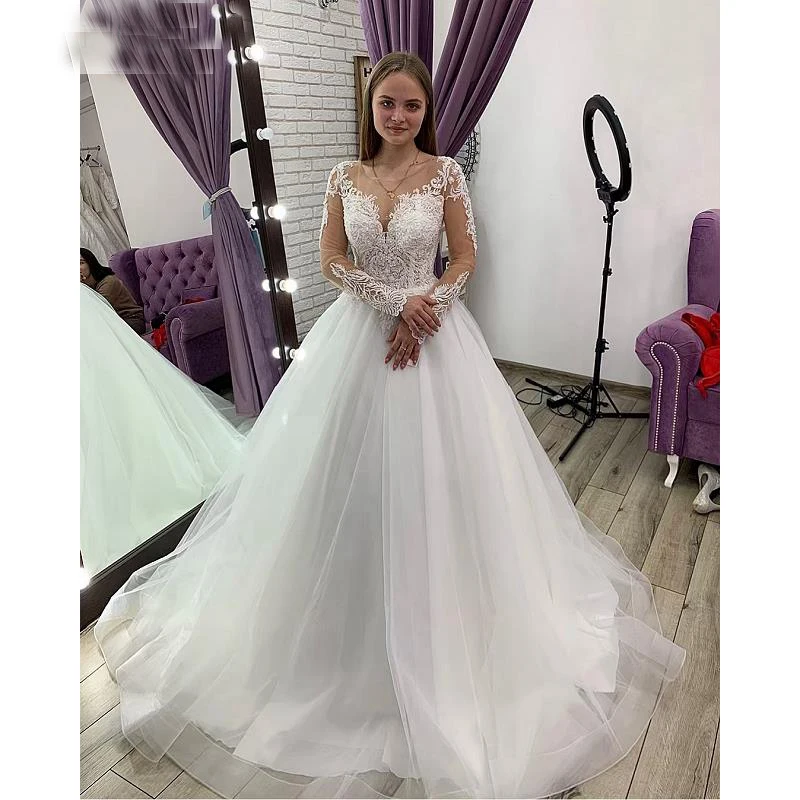 same as picture Кружева Тюль Совок шеи с длинным рукавом свадебное платье es Длина пола A-Line свадебное платье Часовня поезд на заказ - Цвет: same as picture