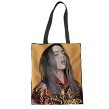Женская холщовая ручная сумка для покупок Billie Eilish BE с принтом, пляжные сумки для женщин, рюкзак, сумка через плечо, льняная Сумочка, настраиваемое изображение