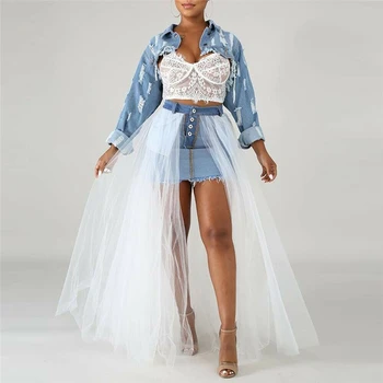 

Denim Skirt High Waist A-line Mini Skirts Women 2019 New Arrival Single Button Pockets Jean Skirt with Tulle Cover Up Mesh Skirt