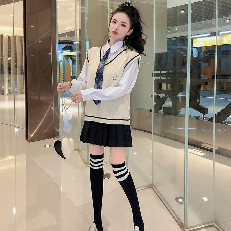 

Net Price Photo Shoot Korean-style College Style Knitted Vest Waistcoat + Tie White Shirt + High-waisted Pleated Skirt + Thigh H