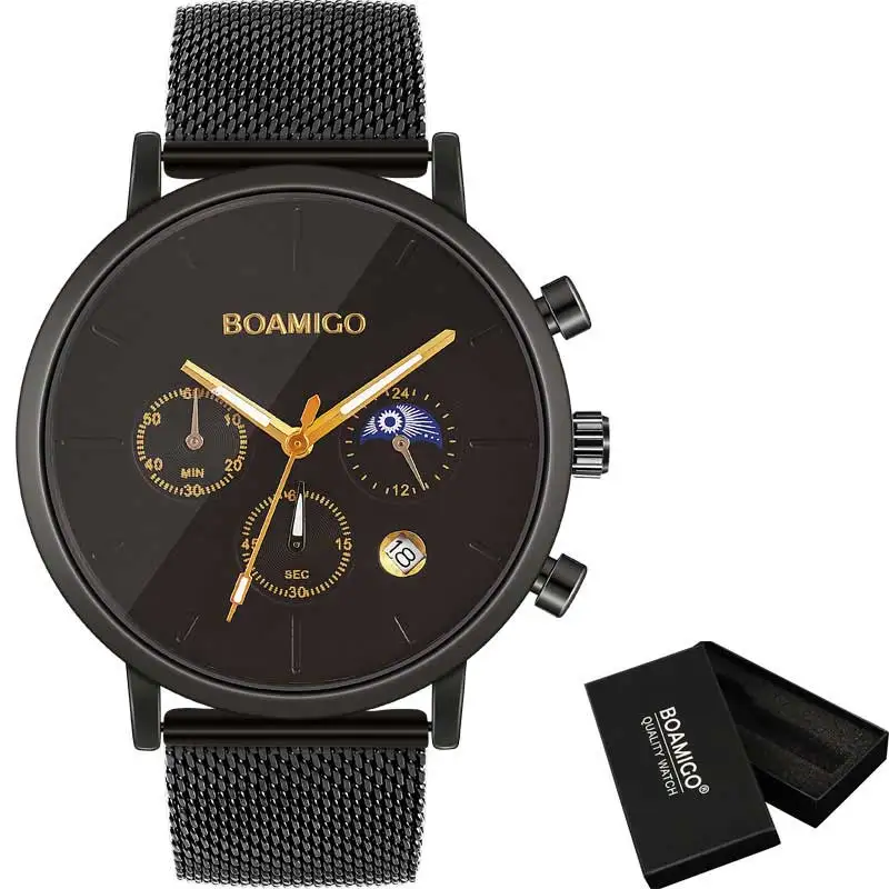 F934Bgoldbox BOAMIGO, модные мужские часы, Топ бренд, Роскошные Кварцевые часы, мужские повседневные тонкие сетчатые стальные водонепроницаемые спортивные часы, Relogio Masculino - Цвет: F934Bgoldbox