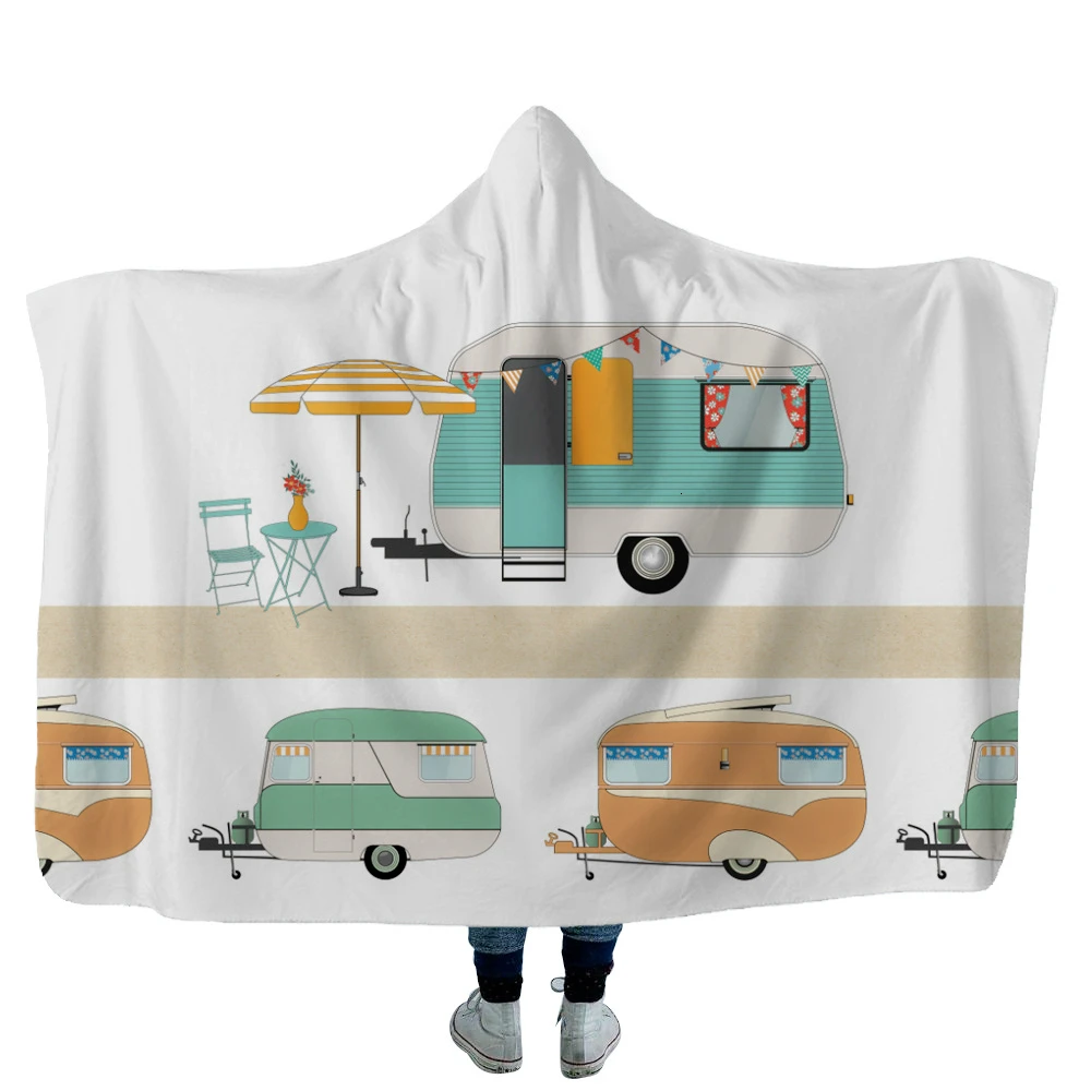 

Cartoon Series Hooded Blanket Bus Pattern Printed For Adults Kids Soft Fleece Blanket Wearable Throw Blanket For Home Travel