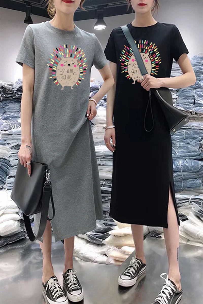 

Short-sleeve Dress Women's Casual Belly Covering Large Size Loose-Fit Mid-length over-the-Knee Base T-shirt Dress