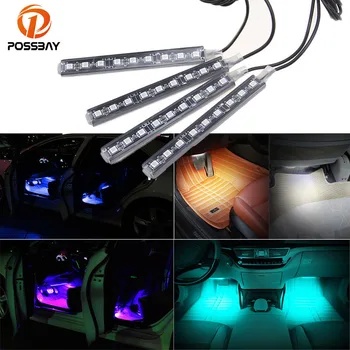 

POSSBAY 4 in 1 Car Auto Charge Interior LED Atmosphere Lights 9 LED Decoration Floor Foot Lamp Strip Car Styling Blue/White/Pink