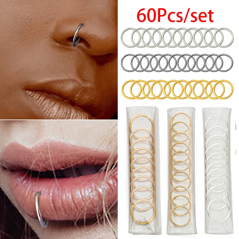 60Pcs/Set Nose Ring Piercing Punk Gold Silver Color Handmade Tiny Nose Lip Hoop Ring Septum Rings Piercing Stud Body Jewelry
