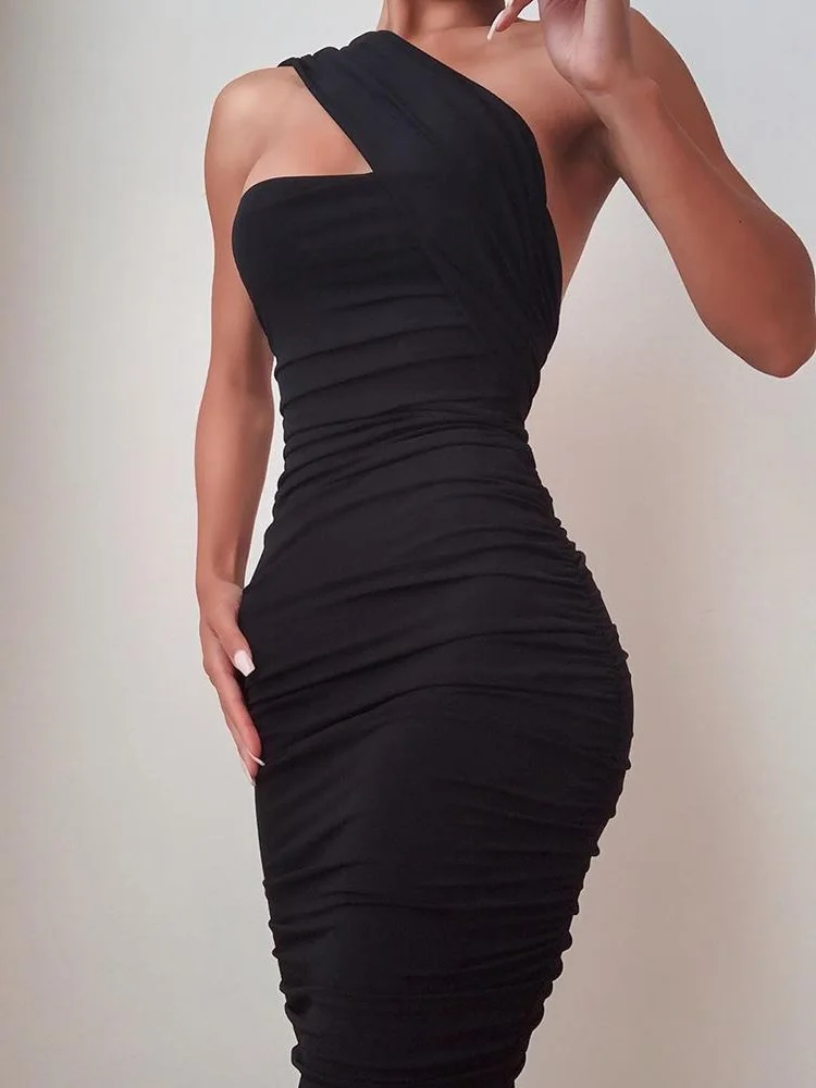 2019 женское элегантное пикантный зауженный миди черное платье для вечеринки женское облегающее платье на одно плечо, без рукавов с рюшами
