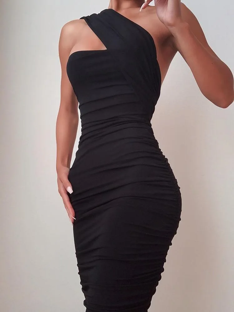 Vestido ajustado para mujer, elegante, Sexy, ajustado por debajo de la rodilla, un hombro, sin mangas, fruncido, ceñido, 2020 - AliExpress Ropa de mujer