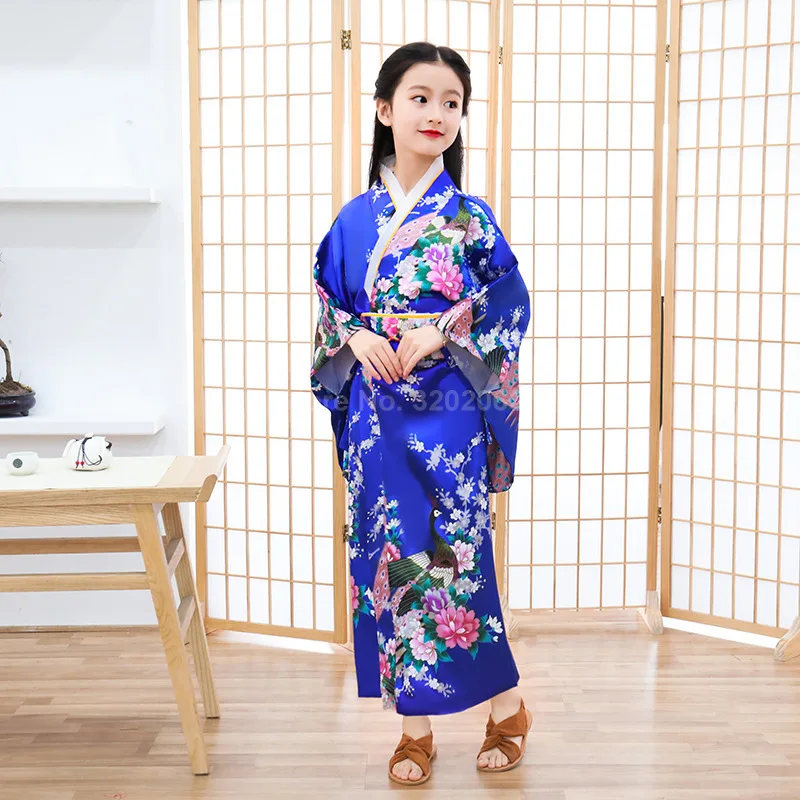 Восточный, Азиатский, детское японское кимоно для девочек, платье, традиционные костюмы, Haori Yukata Павлин, роскошный атласный халат, пижамы
