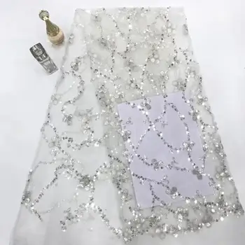 

stock 5yards/bag Silver embroidery sequin beaded high-grade fabric with simple style for wedding dress design ST92#