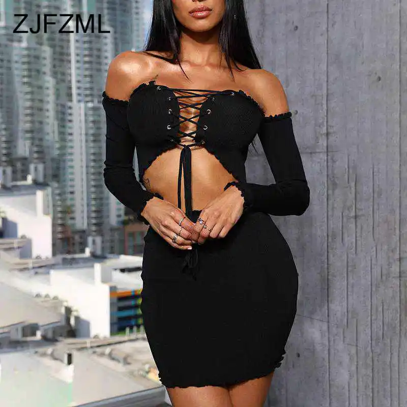 

Sexy Two Piece Skirt Set Slash Neck Backless Long Sleeve Lace Up Crop Tops and Solid Slim Bandage Mini Skirts Women Clubwear