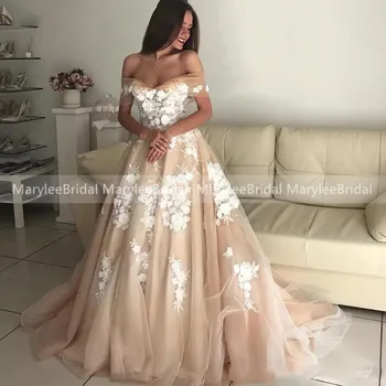 

2020 Champagne Wedding Dress With White Lace Appliques Off Shoulder Tulle Bridal Gowns Lace Up Back Bride Dress Robe de Mariage