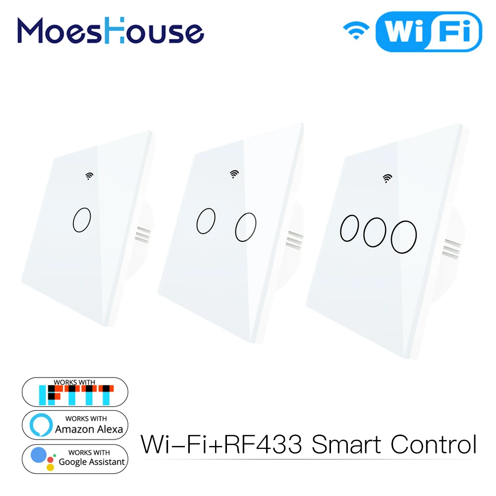 WiFi Smart Switch Remote Control Glass Panel Tuya Light Switch Works With Alexa Echo Google Home RF433 EU Type White Touch