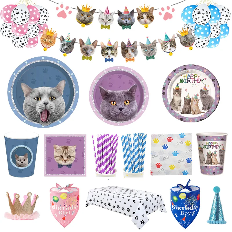 Pet Cat Party Supplies Cute Disposable Tableware Paper Plates Cup Napkin Banner Birthday Theme Balloon Decoration | Дом и сад