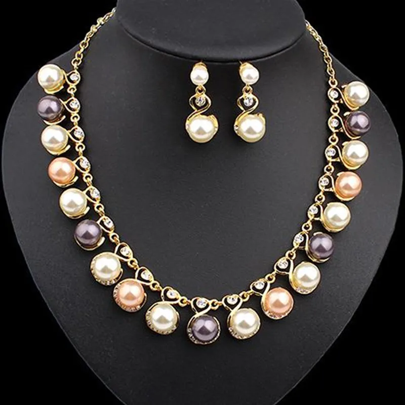 

BLUELANS 2019 Women simulated Pearls Rhinestone Chain Necklace Earrings set Wedding Bride Jewelry Set new