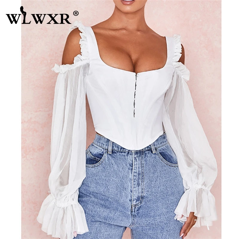 WLWXR оборки сетки белая блузка рубашка для женщин Топ молния лоскутное Расширенная книзу блуза с открытой спиной облегающая блузка женские сексуальные блузки