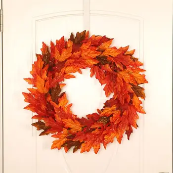 

1Pc Fall Wreath Artificial Autumn Maple Leaf Garland With Golden Sequin Front Door Decor For Christmas Halloween Easter Wedding