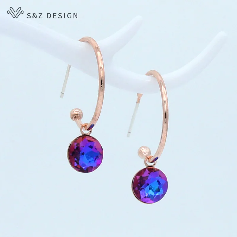 S&Z DESIGN New Fashion 585 Rose Gold Color Round Crystal Dangle Earrings For Women Wedding Party Jewelry